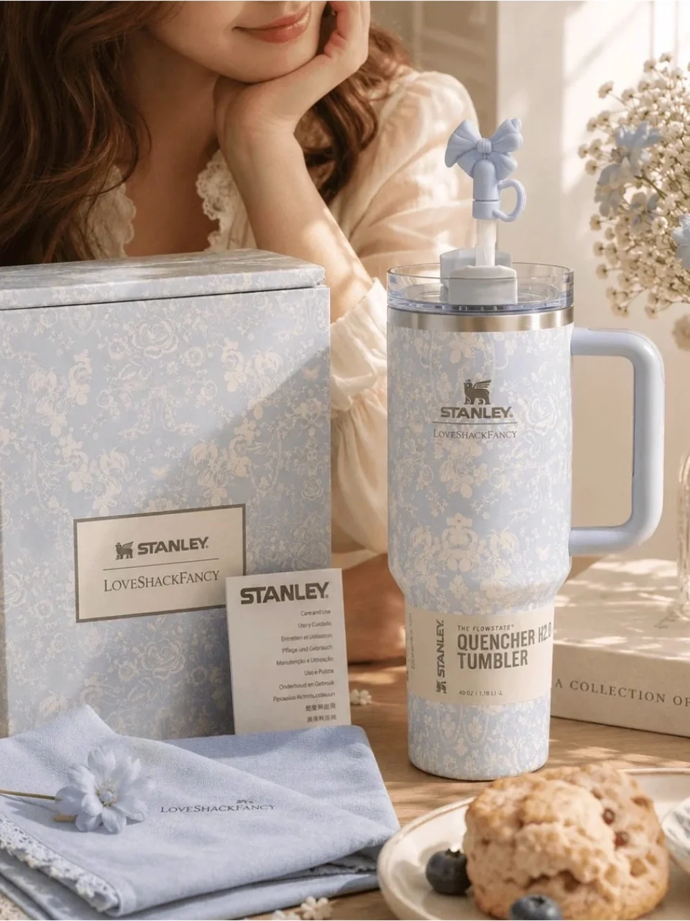 Stanley Pale Blue Floral Quencher Tumbler with Bow Straw